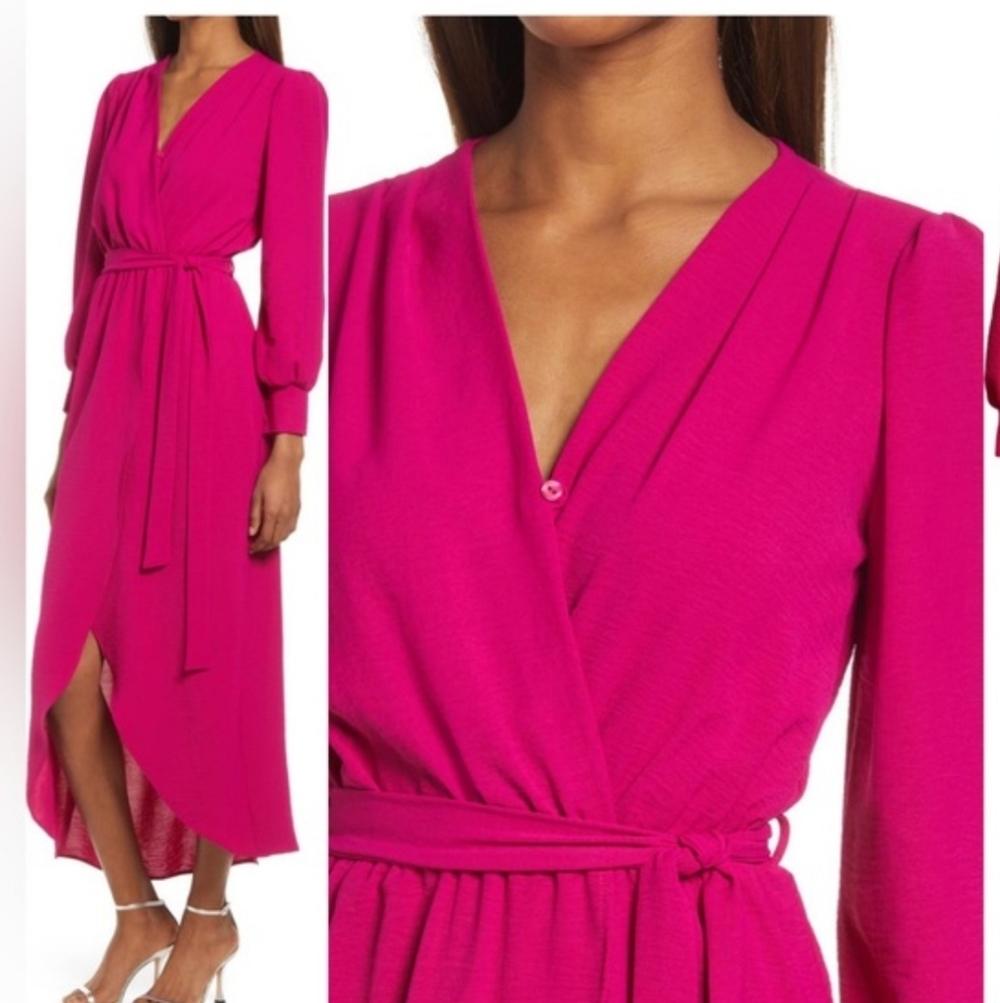Chic Fuchsia Long Sleeve Wrap Dress